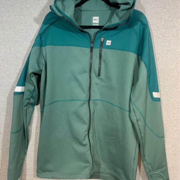 MEC Mens Large fleece lined jacket. Hooded with reflective strips on arms. Teal - Picture 7 of 7